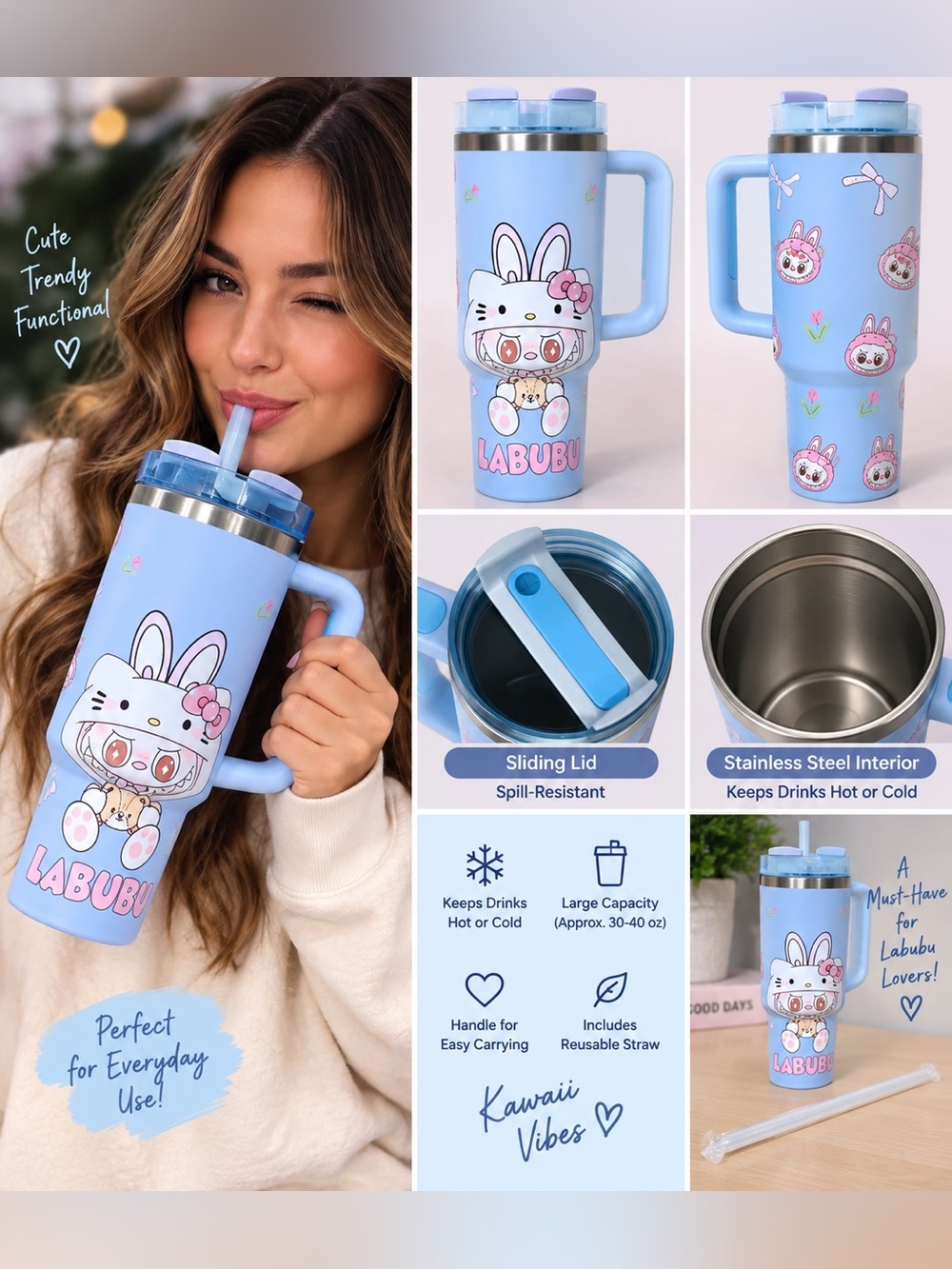 Blue Labubu Bunny Inspired Tumbler Handle Straw Kawaii Insulated Cup